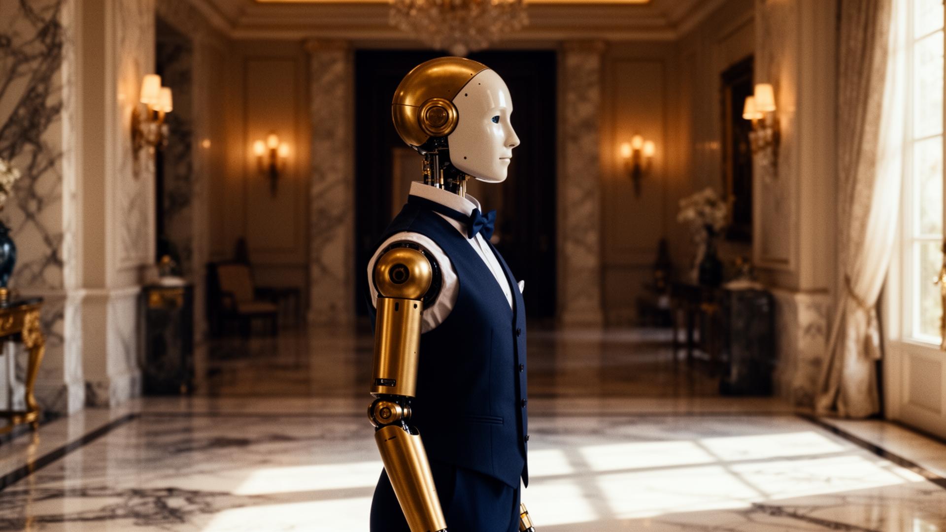 A humanoid in formal attire standing in a marble residence